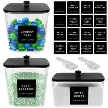 Imagem de POLRAI Pacote com 3 recipientes para lavanderia e suporte de folha de secadora de frascos de acrílico com tampas e etiquetas de bambu, recipientes de organização de lavanderia para armazenamento de