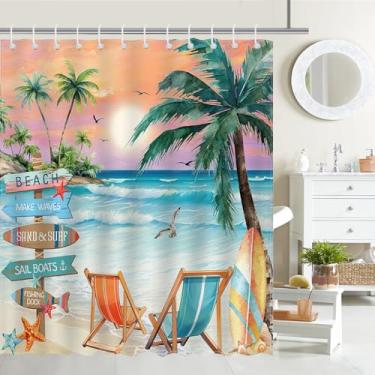 Imagem de Mocsicka Cortina de chuveiro oceânica praia tropical palmeira banheiro cortina de chuveiro verão paisagem costeira pôr do sol tecido impermeável cortina de chuveiro decoração de banheira com 12