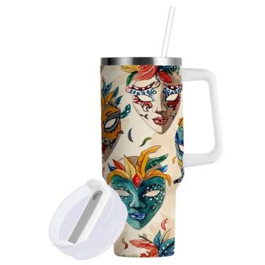 Imagem de ATTX Copo padrão de máscaras de carnaval de 1,134 g com alça - Caneca de viagem de aço inoxidável isolada a vácuo, xícara de café à prova de vazamento com canudo #50