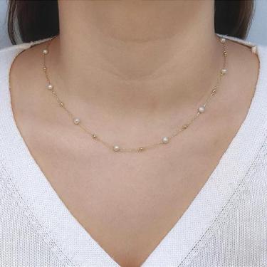 Imagem de Colar de Ouro 18k com Pérolas Naturais e Bolinhas Espaçadas - no-brand
