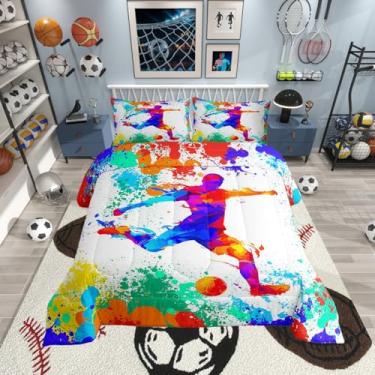 Imagem de Erosebridal Jogo de cama solteiro com estampa de jogador de futebol infantil, para meninos, adultos, grafite, bola, jogos, jogos, multicolorido, pinceladas, tinta, respingos, edredom