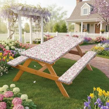 Imagem de Grtuspr Capa de mesa de piquenique de 183 cm com capas de banco, toalha de mesa de acampamento floral rosa, impermeável, com bordas elásticas, itens essenciais para trailers ao ar livre com design
