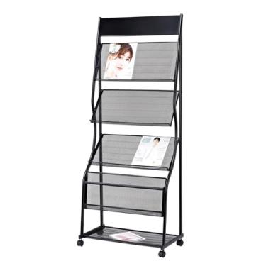 Imagem de KEG801302 Porta-revistas simples de chão, suporte de jornal com rodas de ferro de 4 camadas, suporte de exibição de brochura para exibição de folhetos ou escritório de documentos (preto)
