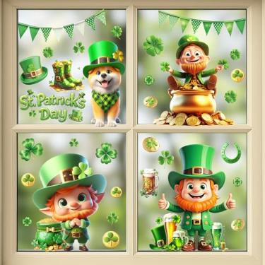 Imagem de 4 folhas de adesivos de janela do dia de São Patrício para janelas de vidro, chapéu de desenho animado de cachorro engraçado adesivos de janela de trevo verde para decorações do dia de São Patrício