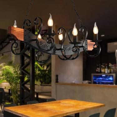 Imagem de Luminária pendente vintage de madeira, estilo industrial, com soquete E14, retrô, antiga, lustre, rústica, industrial, com altura ajustável, ideal para mesa de jantar, cozinha, sala de estar