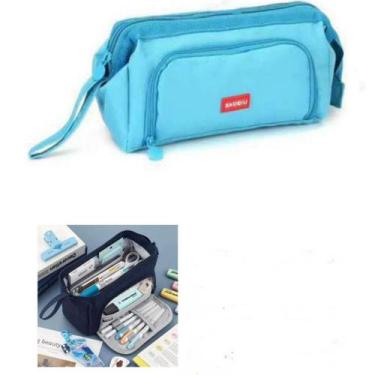 Imagem de Estojo Escolar Masculino Feminino Grande 3 Ziperes Triplo Cores:Azul T