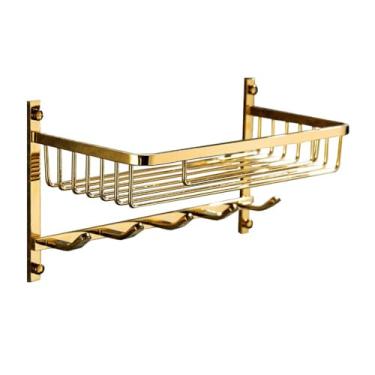 Imagem de KHUTRW3D Rack de armazenamento de chuveiro Rack de chuveiro de banheiro, organizador de chuveiro de latão dourado com 5 ganchos, instalação de perfuração montada na parede prateleira de chuveiro cesta