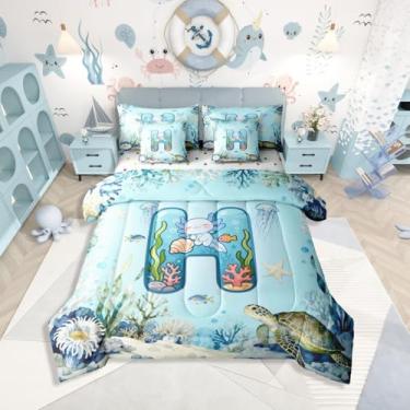 Imagem de Erosebridal Jogo de cama solteiro com estampa de axolote azul fofo com letra Axolotl, 7 peças, para crianças, meninos, meninas, personalizado, com lençol com lençol subaquático, oceano, animal