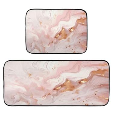 Imagem de xigua Conjunto de 2 peças de tapetes e tapetes de cozinha de mármore rosa dourado absorvente macio para o chão, tapete de cozinha, antiderrapante, conjunto de capachos, 50 x 120 cm + 50 x 70 cm
