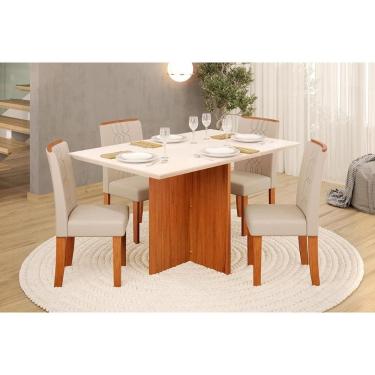 Imagem de Sala de Jantar Completa Hera c/ Tampo Madeirado c/ Vidro 120x90cm e 4 Cadeiras Zoe Freijo/Off White - Suede Creme - DJ Móveis
