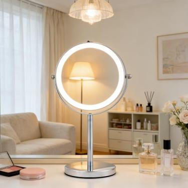 Imagem de MAGNIDOG Espelho de maquiagem iluminado de 15 cm com ampliação de 1x/3x, espelho redondo de mesa sem fio com design giratório de 360°, tom frio de dupla face, 17 17 peças, anel de luz LED