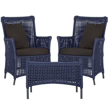 Imagem de 2 Poltronas E 1 Mesa Igapó Alumínio Preta Corda Náutica E9 Azul