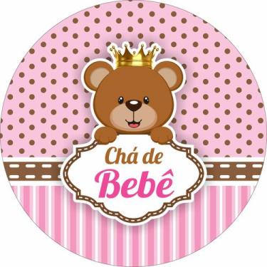 Imagem de Painel de Lona Redondo Ursinha Princesa Rosa e Marrom Chá de Bebê - Fa