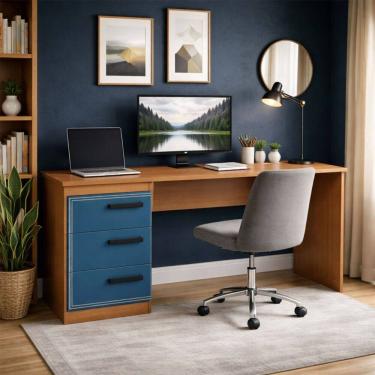 Imagem de Mesa para Escritório Valência 3 Gavetas Azul/Freijó - Politorno