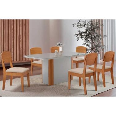 Imagem de Conjunto: Mesa de Cozinha Pietá c/ Tampo Madeirado c/ Vidro Canto Curvo 180x90cm e 6 Cadeiras Havana Naturale/Off White - Suede Creme - Rufato