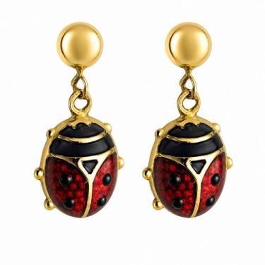 Imagem de Brinco Pendente Joaninha Esmaltado em Ouro 18K - Joia Delicada e Charm