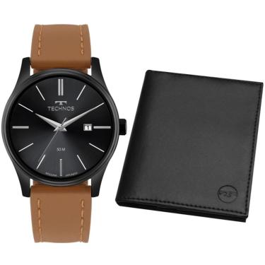 Imagem de Kit Relógio Masculino Technos Steel Analógico Couro Resistente à Água Preto e Marrom 2115UBR-K0P