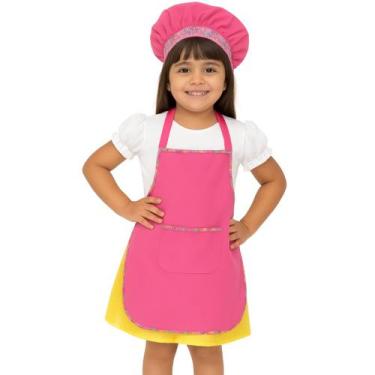 Imagem de Avental Mini Chef Infantil com Touca Escolar Menina Oxford Cor:Rosa - 