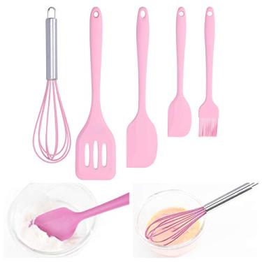 Imagem de X Homsel Conjunto de utensílios de cozinha de silicone, espátula de silicone, 5 peças, espátula de silicone, para assar, batedor de ovos, acessórios de cozinha (rosa)
