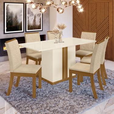 Imagem de Conjunto Sala de Jantar Tampo MDF 160 Cm 06 Cadeiras Raysa Casa 812 - Nature com Off White e Linho