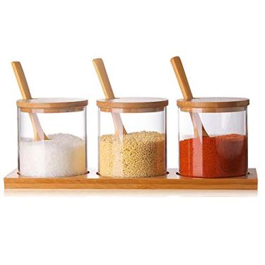 Imagem de Conjunto de potes de tempero para recipientes de vidro, recipientes de açúcar, pote de tempero com tampa e base de colher de madeira, Set of 3, 10oz