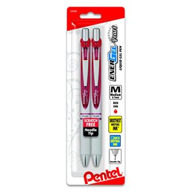 Imagem de Pentel Caneta de gel líquido retrátil EnerGel Pearl, ponta de agulha (0,7 mm), linha média, tinta vermelha, pacote com 2 (BLN77WBP2B)