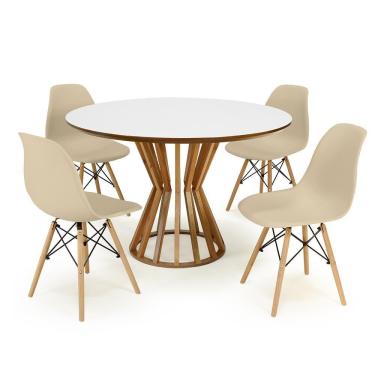 Imagem de Conjunto Mesa de Jantar Redonda Cecília Amadeirada Branca 120cm com 4 Cadeiras Eames Eiffel - Nude