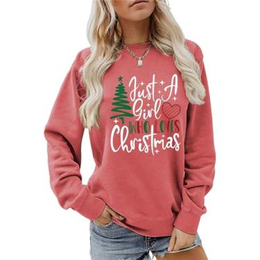 Imagem de Just A Girl Who Loves Christmas Tree Moletom feminino fofo com estampa de árvore de Natal com estampa de estrela de natal engraçado presente de Natal, Letra branca e vermelha, GG