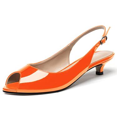 Imagem de WAYDERNS Sapato feminino Peep Toe de couro envernizado tira no tornozelo salto baixo salto baixo sapato para noite de trabalho 3,8 cm, Laranja, 10