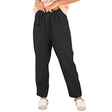 Imagem de Calças Femininas Casuais, Botão Cintura Elástica Calças Femininas Bolso Frontal Macio Elegante Solto Ajuste Cor Pura para Namoro para Viagens (3XL)
