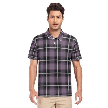 Imagem de JUNZAN Camisa polo masculina xadrez creme roxo escuro manga curta algodão Universidade P, Xadrez roxo escuro, P