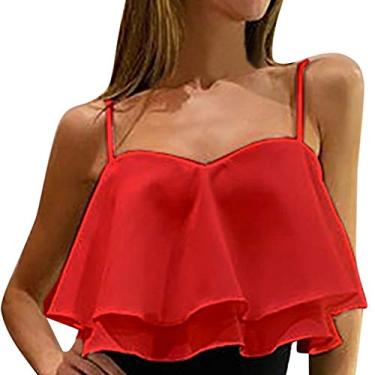Imagem de Camiseta cropped feminina estampada para sair, plus size, sem mangas, camiseta fofa de verão, blusa rodada, colete de trabalho, Vermelho, G