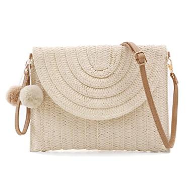 Imagem de Aphoraeny Bolsas transversais de palha para mulheres, bolsa clutch de palha, bolsa de praia, bolsa de palha, bolsa de verão, carteira envelope de palha, Bege