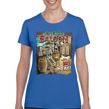 Imagem de Camiseta feminina Hot Headed Saloon But its a Dry Heat Funny Skeleton Biker Beer Drinking Cowboy Skull Southwest, Azul, 3G