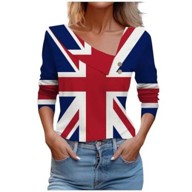 Imagem de Camiseta feminina com bandeira dos EUA Dia da Independência, blusas 4 de julho, roupas patrióticas de lapela assimétrica, Cinza, P