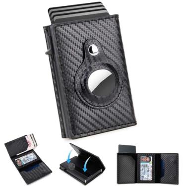 Imagem de DIENQI AirTag Carteiras Homens Pop Up Titular de Cartão de Crédito Carteira Minimalista RFID Bloqueio Frontal Pocket Trifold Wallet com 5-9 Capacidade de Cartão para Apple Air Tag (Preto de carbono)