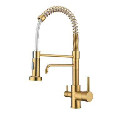 Imagem de Fonveth Torneira de cozinha de 3 vias, torneira de água potável, torneira de cozinha com filtro para sistema de filtragem de água, estilo comercial 3 em 1, 2 alças, ouro escovado