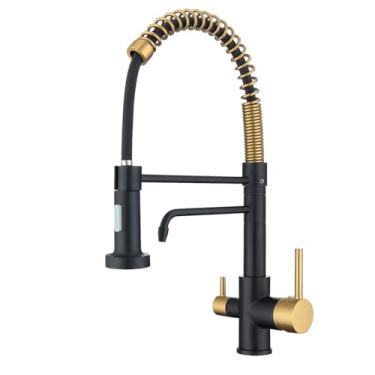 Imagem de Fonveth Torneira de cozinha de 3 vias, torneira de água potável, torneira de cozinha com filtro para sistema de filtragem de água, estilo comercial 3 em 1, 2 alças, preto e dourado escovado