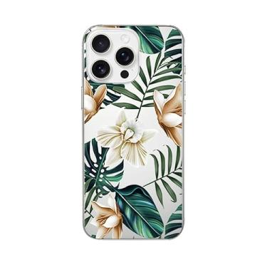 Imagem de Blingy's Capa para iPhone 16 Pro Max, estampa de flores da selva tropical com design de folhas de palmeira capa protetora transparente de TPU macio de 6,9 polegadas (samambaia de pétala branca)