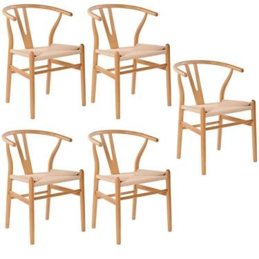 Imagem de Kit com 5 Cadeiras para Sala de Jantar Wishbone Madeira Maciça Madeira Clara