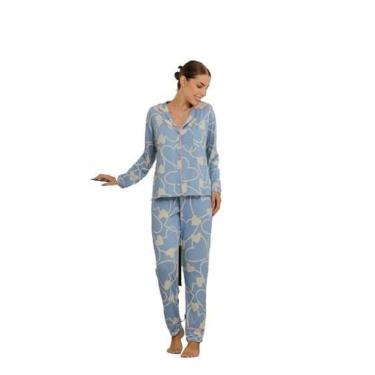 Imagem de Pijama Americano com Botão Manga e Calça Inverno Frio Coração Azul - V