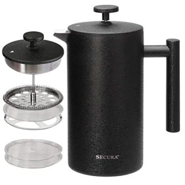 Imagem de Secura Cafeteira French Press, prensa de café isolada de aço inoxidável 304 com 2 telas extras, 1 litro, preta