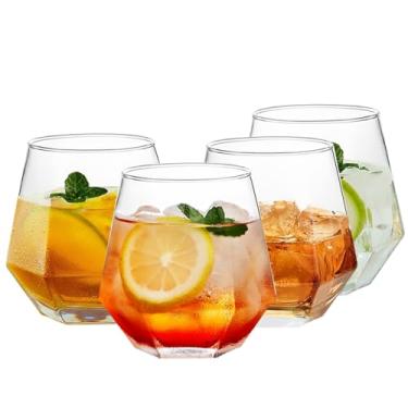 Imagem de Ufrount Conjunto de 4 taças de vinho, taças de vinho tinto transparentes, sem haste, 293 ml, copos de vidro geométricos em forma de diamante, lindas taças de vinho sem haste para uísque, coquetel,