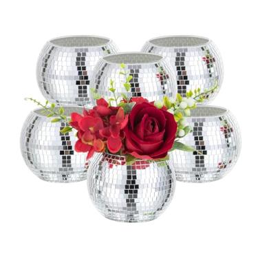 Imagem de Vasos de bola de discoteca para centros de mesa - Hewory 6 peças de vasos de flores espelhados prateados, recipientes de flores, bolas de discoteca, castiçais, para casamento, chá de panela, eventos