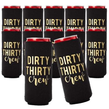 Imagem de Refrigeradores de lata Dirty Thirty Crew, biscoitos de festa de 30 anos, conjunto de 12, refrigeradores de copo de trigésimo aniversário preto/branco e dourado, perfeitos para festas de aniversário,