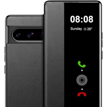 Imagem de Capa flip de couro transparente para Google Pixel 7A, fina para Google Pixel 7a, capa protetora à prova de choque para Google Pixel 7a com janela inteligente, capa protetora à prova de choque para