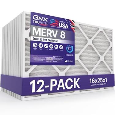 Imagem de BNX Filtro de ar TruFilter 16x25x1 MERV 8 (pacote com 12) – FEITO NOS EUA – Filtro de ar condicionado plissado eletrostático para proteção contra poeira e animais de estimação HVAC AC fornalha filtros para poeira, animais de estimação, mofo, pólen MPR 600 – 700 e FPR 5