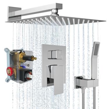 Imagem de CtreamShythm Conjunto de Torneiras de Chuveiro de Chuva, Chuveiro de 10", Sistema de Chuveiro de Alta Pressão com Válvula de Pulverização Manual e Kit de Acabamento para Banheiro, Cromado Polido