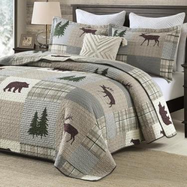 Imagem de CozyQQ Colcha para cama queen size – 100% algodão, fazenda, patchwork, xadrez, tamanho Queen, marrom, cinza, verde, animal, urso, cervo, árvore, leve, 3 peças para todas as estações (248 x 228 cm)