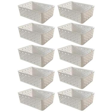 Imagem de Kit 10 Cestos Organizadores Branco Multiuso Médio Empilhável Gaveta Ar